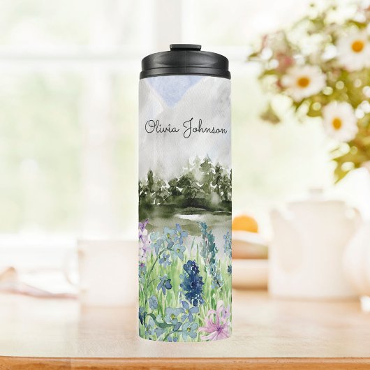 Geborduurd waterverf blauw paarse bloem wei thermosbeker
