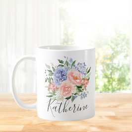 Geborduurd Waterverf Blauw Roze Lente Bloemmotief Koffiemok