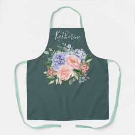 Geborduurd Waterverf Blauw Roze Lentebloem Motief Schort