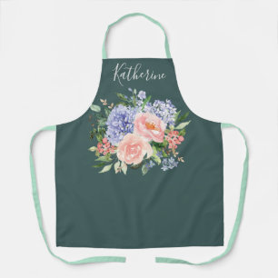 Geborduurd Waterverf Blauw Roze Lentebloem Motief Schort