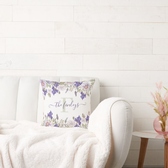 Geborduurd Waterverf Iris Lavendel Kussen (Bank)