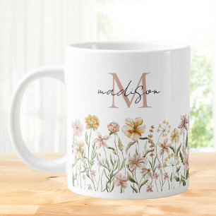 Geborduurd Waterverf Wildbloemenweide Bloemig Grote Koffiekop