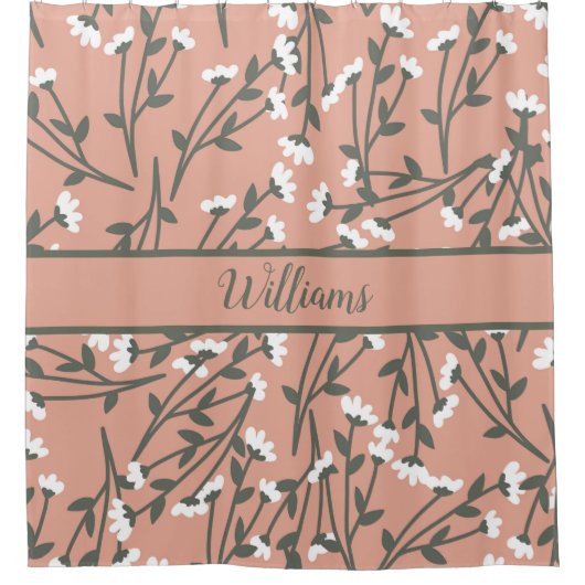 Geborduurd wit roze en groen bloempatroon  douchegordijn (Voorkant)