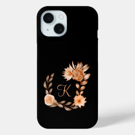 Geborduurd Zwart Bruin en Perzik Bloemmotief iPhone 15 Case