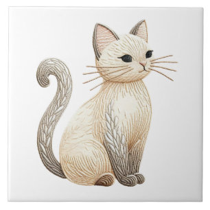 Geborduurde Beige Kat Boho Cat Keramische Tegel Tegeltje