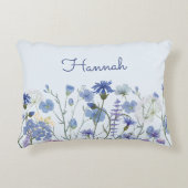 Geborduurde Blauwe Aquarel Wilde Bloemen Kinderkam Accent Kussen (Voorkant)