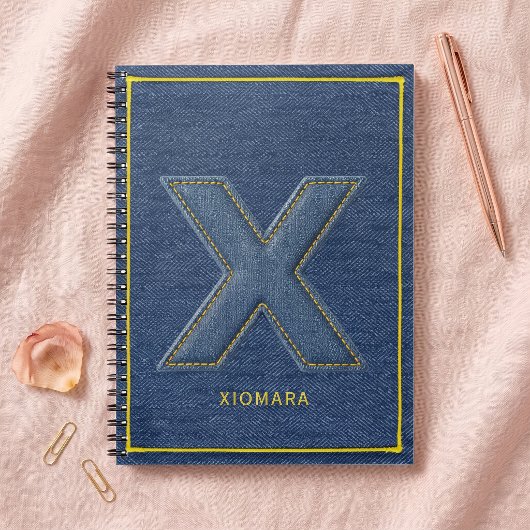Geborduurde Blauwe Denim Patch Monogram Letter X Notitieboek