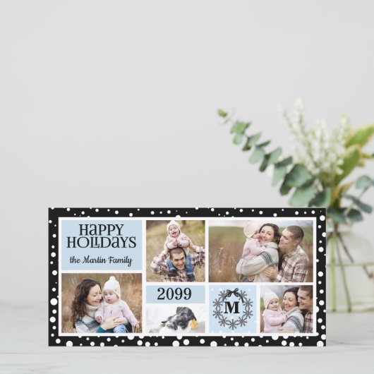 Geborduurde blauwe en zwarte sneeuwvlok feestdagenkaart (Staand voorkant)