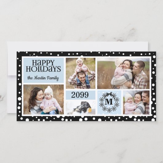 Geborduurde blauwe en zwarte sneeuwvlok feestdagenkaart (Voorkant)