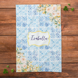 Geborduurde blauwe mediterrane tegels bloem citroe theedoek