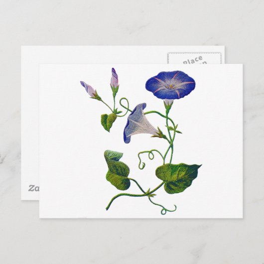 Geborduurde Blauwe Morning Glories Briefkaart (Voorkant / Achterkant)