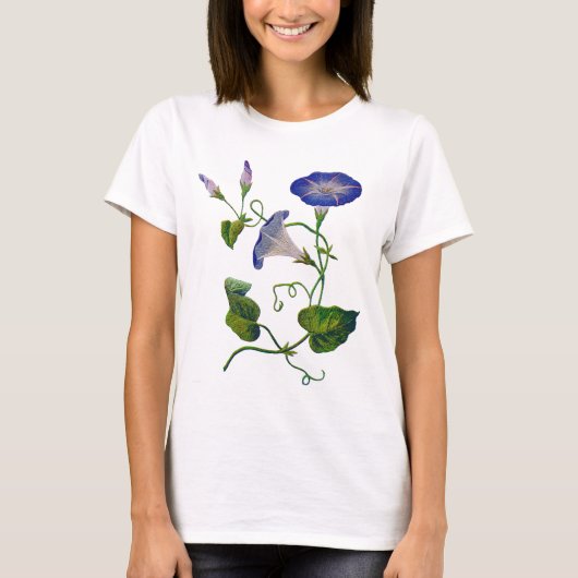 Geborduurde Blauwe Morning Glories T-shirt (Voorkant)