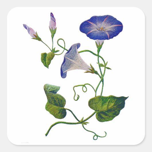 Geborduurde Blauwe Morning Glories Vierkante Sticker (Voorkant)