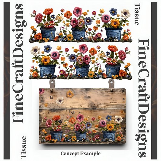 Geborduurde bloemen in potten Decoupage L en R 018 Tissuepapier