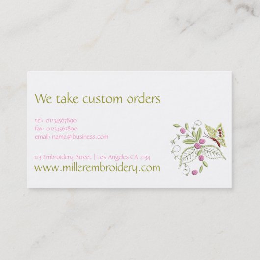 Geborduurde bloemen vlinder borduurpatroon visitekaartje (Achterkant)