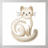 Geborduurde Boho Kat Poster Neutraal Minimalistisc (Voorkant)