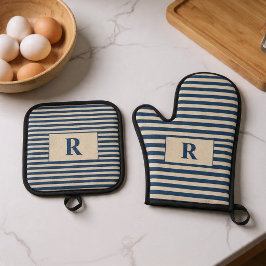 Geborduurde Bue/Vanilla Strepen Ovenwant & Pannenlap Set