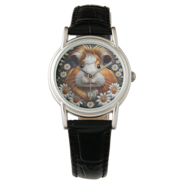 Geborduurde cavia met madeliefjes horloge (Voorkant)