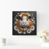 Geborduurde cavia met madeliefjes vierkante klok (Huis)