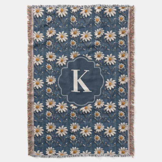 Geborduurde Daisy Denim Deken | Monogram (Voorkant Verticaal)
