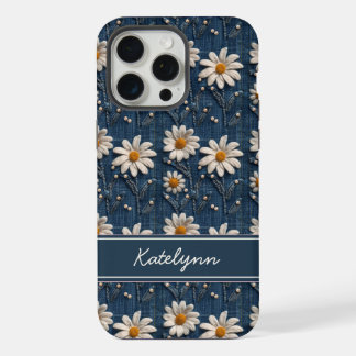 Geborduurde Daisy Denim Hoesje met Naam iPhone 15 Pro Max Case