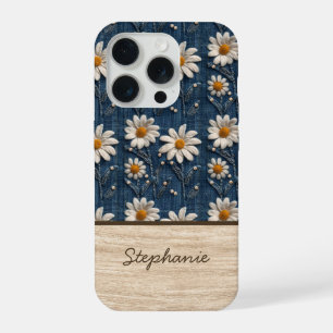 Geborduurde Daisy Denim Hoesje voor Telefoon met N iPhone 15 Pro Case
