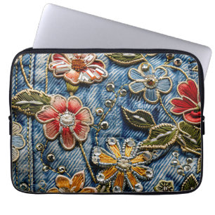 Geborduurde denim bloemen in geel, rood en blauw laptop sleeve