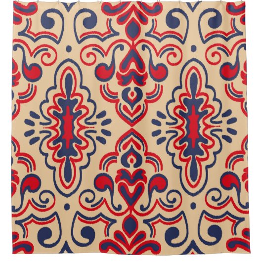 Geborduurde Elegantie: Ikat Fabric Pattern Douchegordijn (Voorkant)
