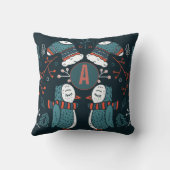 Geborduurde Folk Art Kerstmis Blauw Rood Uilen Bom Kussen (Achterkant)