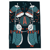 Geborduurde Folk Art Kerstmis Blauwe Rode Uilen Bo Medium Cadeauzakje (Voorkant)