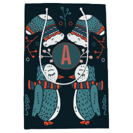 Geborduurde Folk Art Kerstmis Blauwe Rode Uilen Bo Medium Cadeauzakje