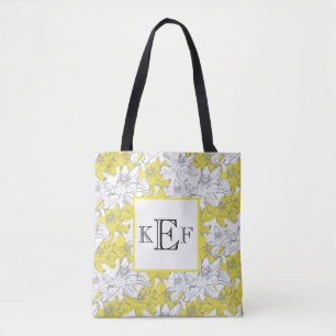 Geborduurde gele en grijze witte bloem tote bag