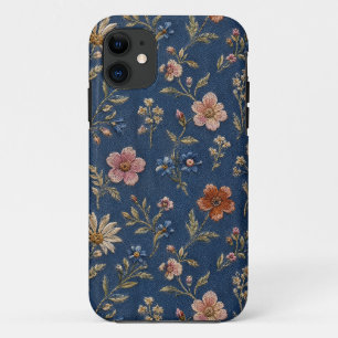 Geborduurde gewone wilde bloemen op denim achtergr Case-Mate iPhone case