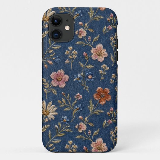 Geborduurde gewone wilde bloemen op denim achtergr Case-Mate iPhone case (Achterkant)