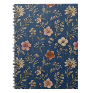 Geborduurde gewone wilde bloemen op denim achtergr notitieboek