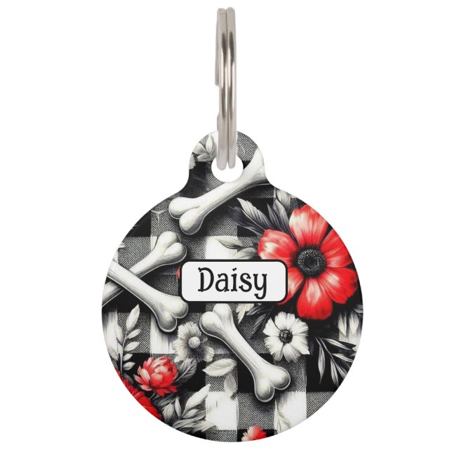 Geborduurde Ginghamruit Stof Zwart Wit Rood Bloem Huisdierpenning (Voorkant)