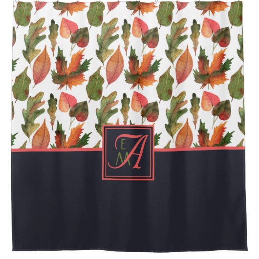 Geborduurde herfstbladeren Blauwe Sinaasappel Herf Douchegordijn (Voorkant)
