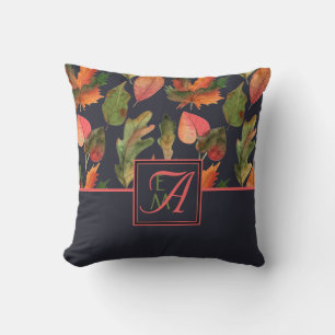 Geborduurde herfstbladeren marineblauw roze decor kussen