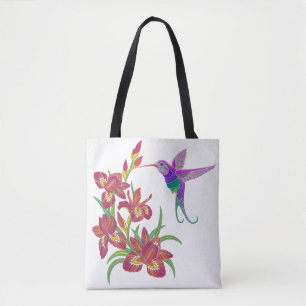 geborduurde Hummingbird en Iris Flowers Tote Bag