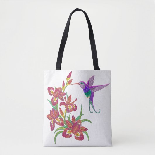 geborduurde Hummingbird en Iris Flowers Tote Bag (Voorkant)