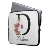 Geborduurde Initiaal D Modern Roze Boho Bloemig Laptop Sleeve (Voorkant Links)