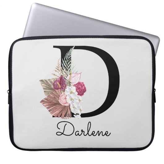 Geborduurde Initiaal D Modern Roze Boho Bloemig Laptop Sleeve (Voorkant)