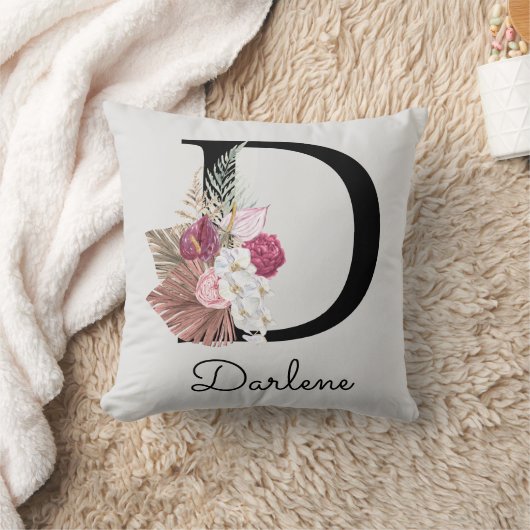 Geborduurde Initiaal D Roze Boho Kussen (Deken)