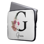Geborduurde Initiaal G Roze Boho Bloem Laptop Sleeve (Voorkant Links)