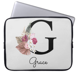 Geborduurde Initiaal G Roze Boho Bloem Laptop Sleeve