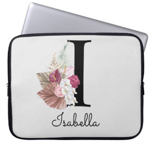 Geborduurde Initiaal I Roze Boho Bloemig Laptop Sleeve