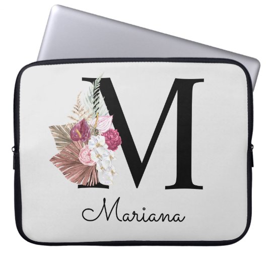 Geborduurde Initiaal M Roze Boho Bloem Laptop Sleeve (Voorkant)