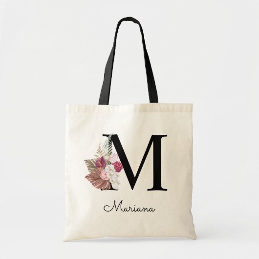 Geborduurde Initiaal M Roze Boho Bloemig Tote Bag (Voorkant)