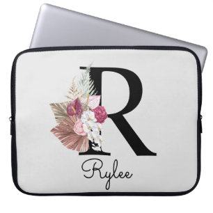 Geborduurde Initiaal R Roze Boho Meisjesachtig Blo Laptop Sleeve