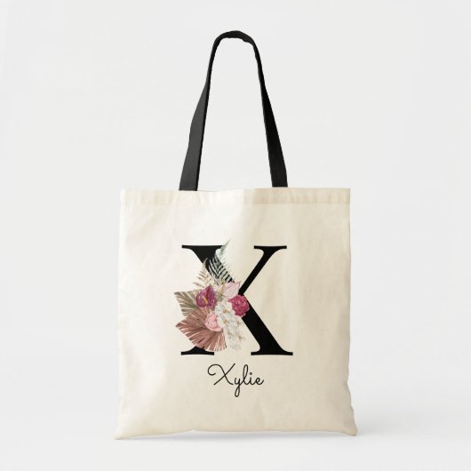 Geborduurde Initiaal S Roze Boho Bloem Tote Bag (Voorkant)